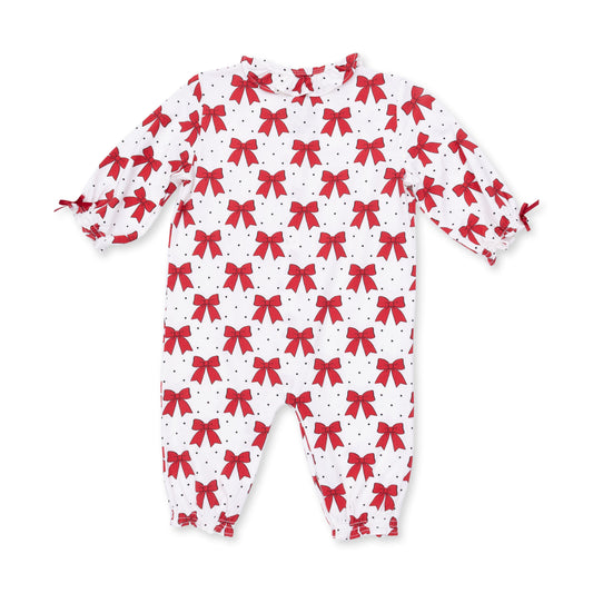 Festive Bows - Bamboo - Long Sleeve Ruffle Collar Romper