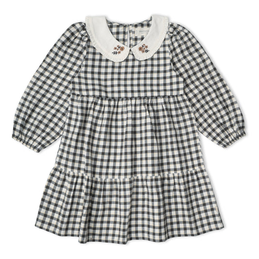 Organic Collar Tiered Dress - Charcoal Plaid