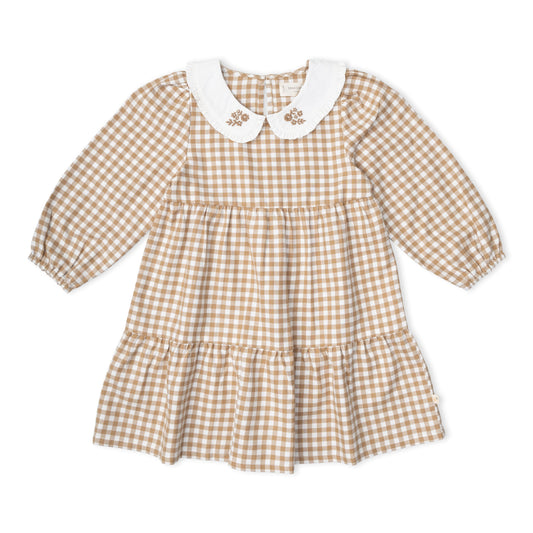 Organic Collar Tiered Dress - Oat Gingham