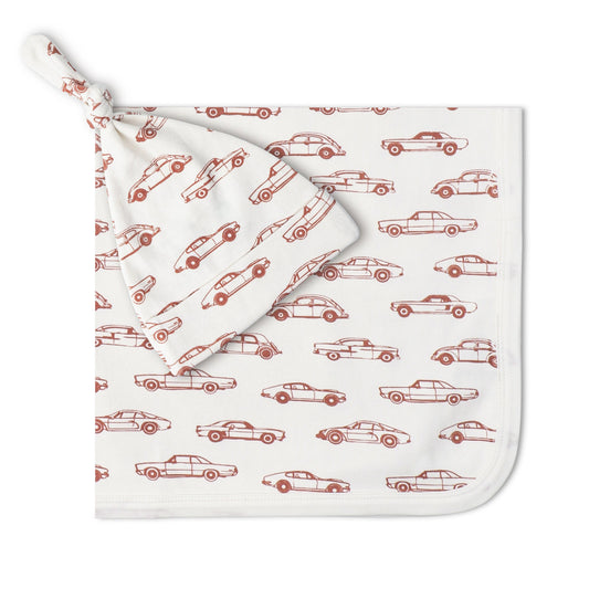 Organic Swaddle Blanket & Hat Set - Cars