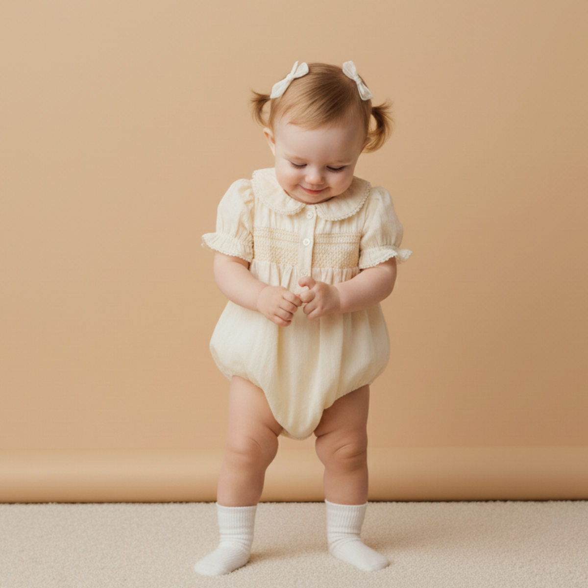 Organic Smocked Button Romper - Butter Yellow