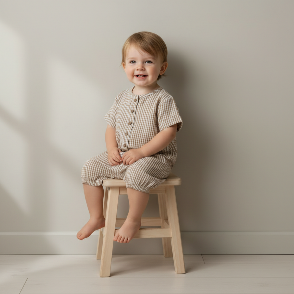 Organic Short Bubble Romper - Caramel Check