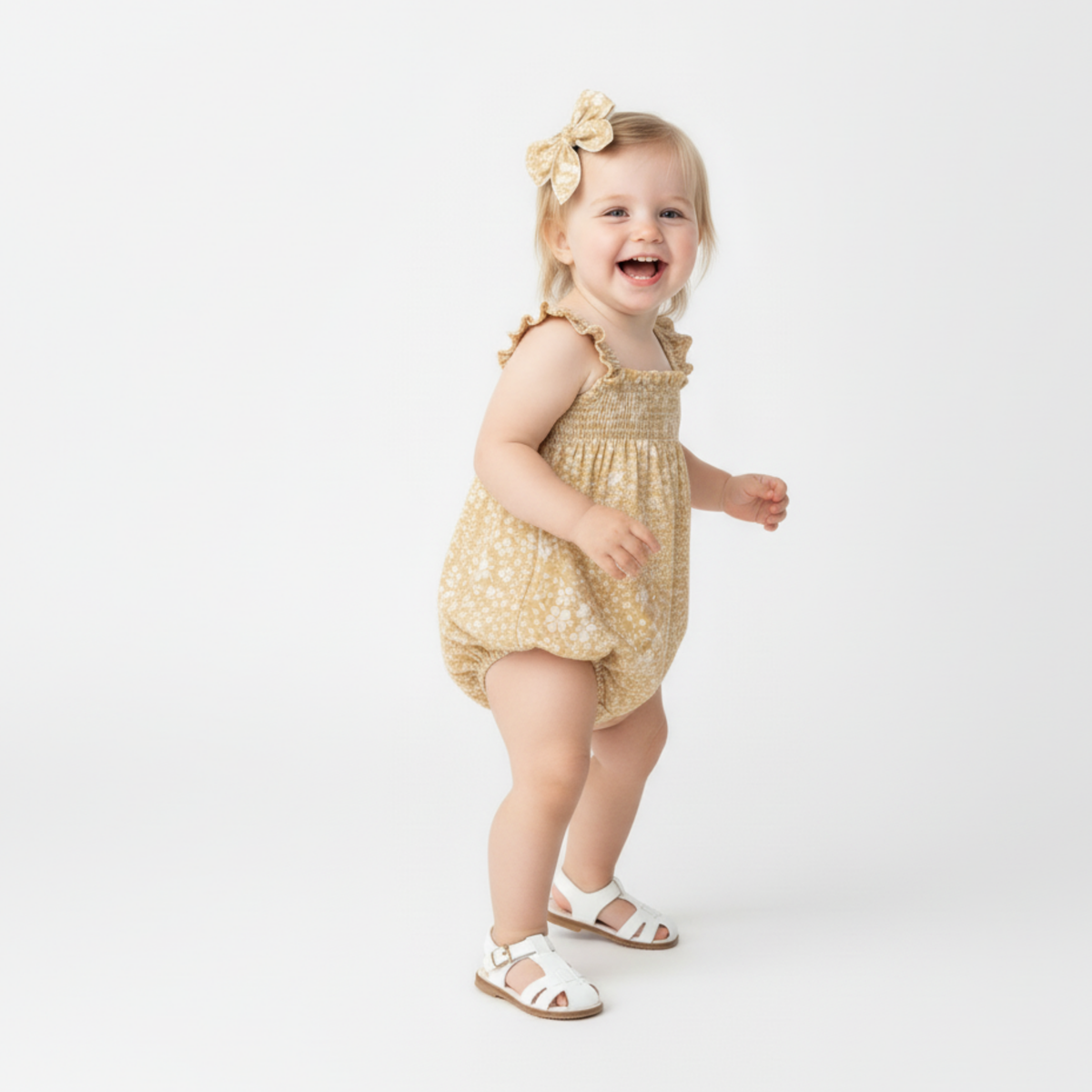 Organic Ruffle Sleeve Bubble Romper - Yellow Blossom