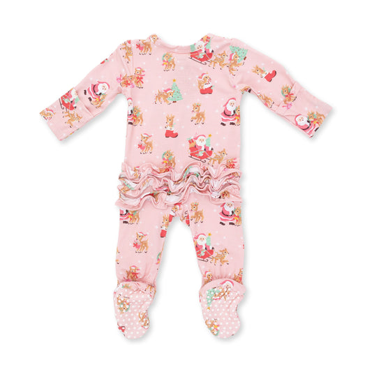 Vintage Reindeer & Santa Pink - Bamboo - 2 Way Ruffle Back Zipper Footie