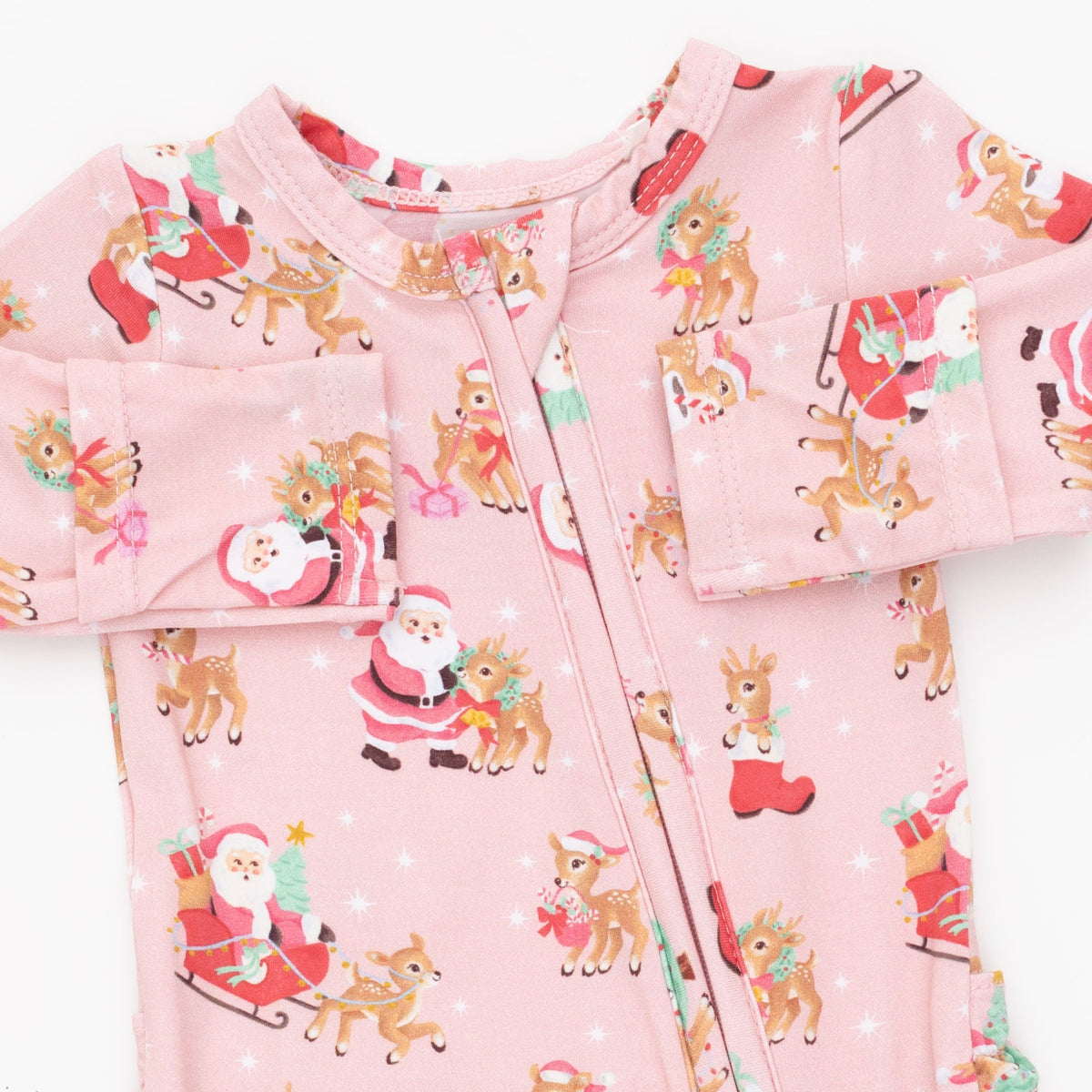 Vintage Reindeer & Santa Pink - Bamboo - 2 Way Ruffle Back Zipper Footie