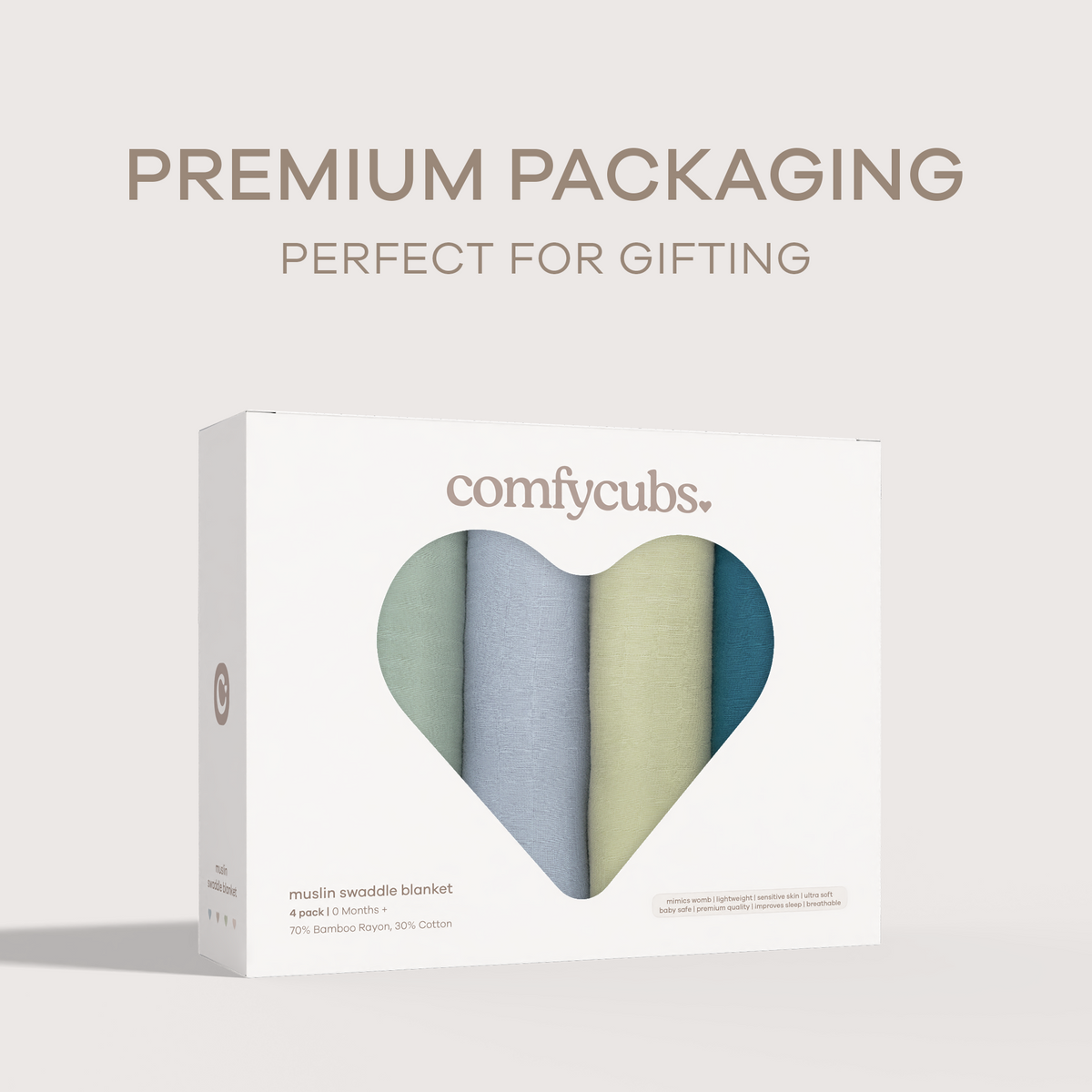 Muslin Swaddle Blankets 47” x 47” in Sage, Pacific Blue, Fern, Neptune, 4 Pack