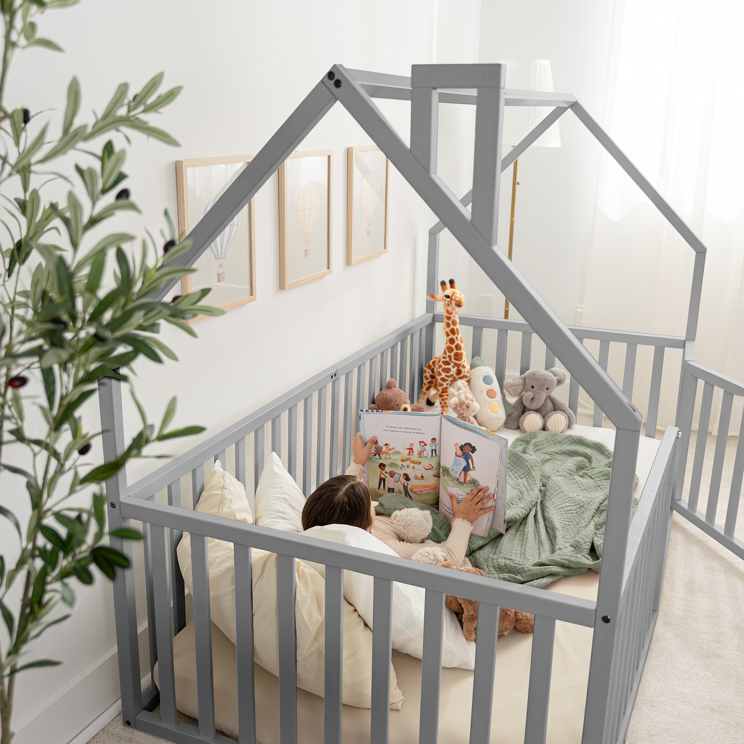 Kids House Gated Floor Bed Twin Size for Children Aged 5+, Grey