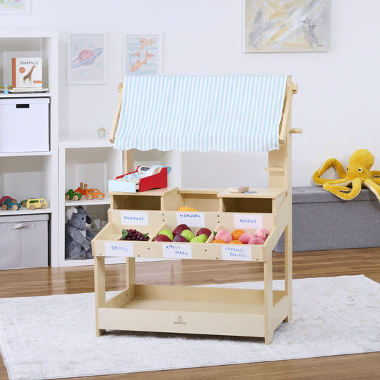 Cypress Wooden Market Stand – Pretend Play Shop for Kids with Storage