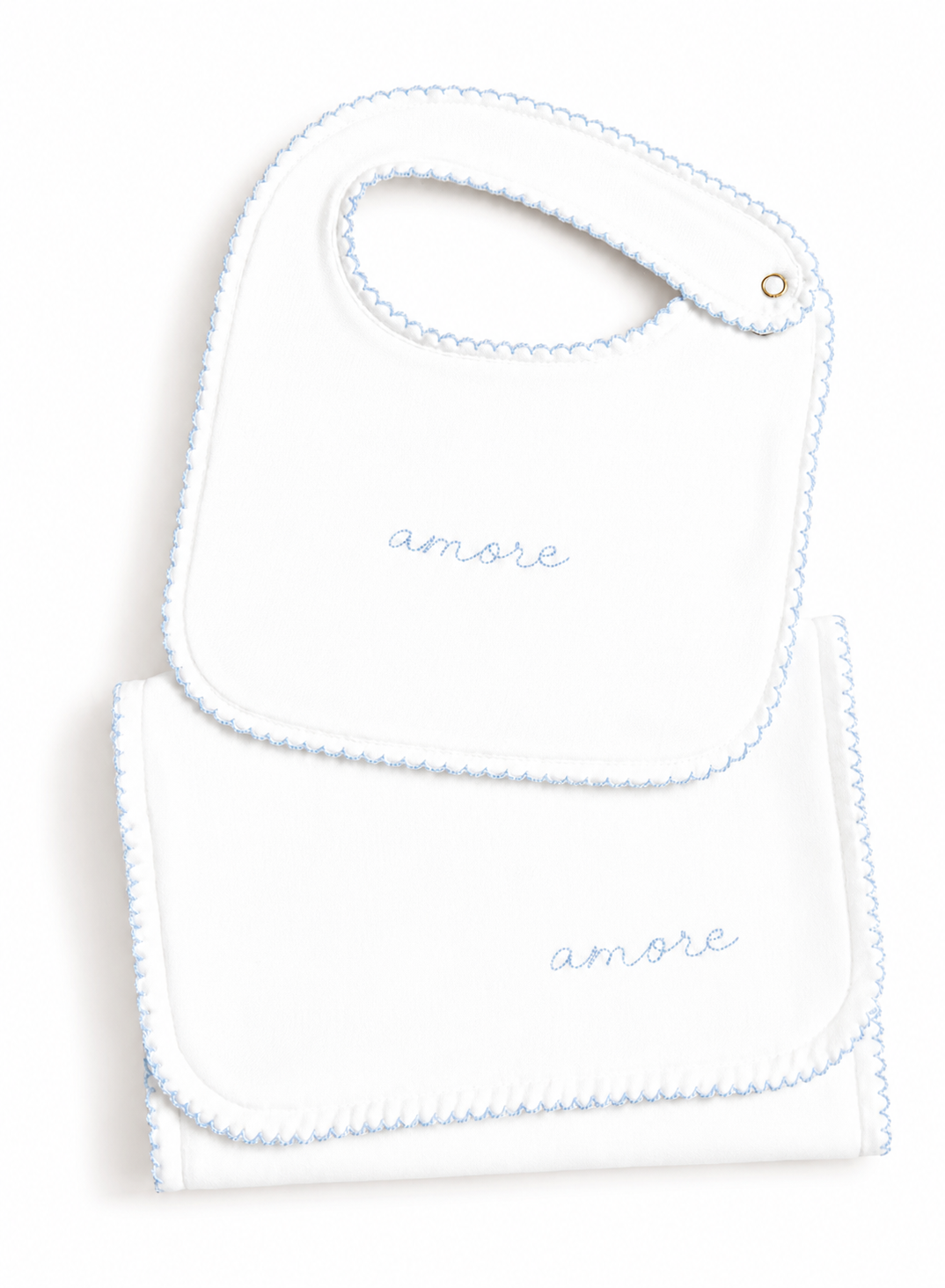 Bib & Burp Cloth Set - Embroidered Blue "Amore"