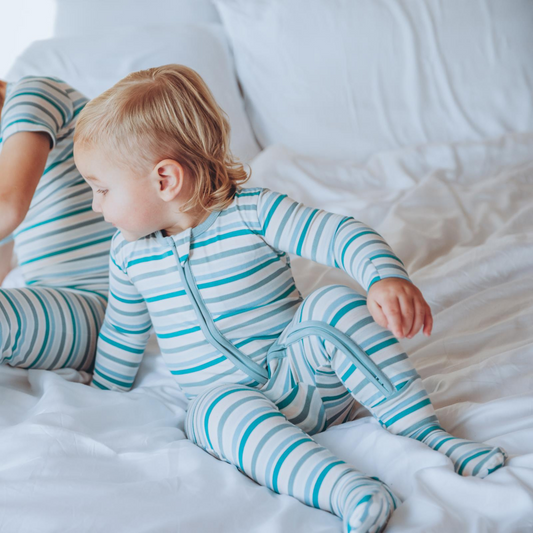 Print Footie with 2 Way Zipper, Lakeside Stripe