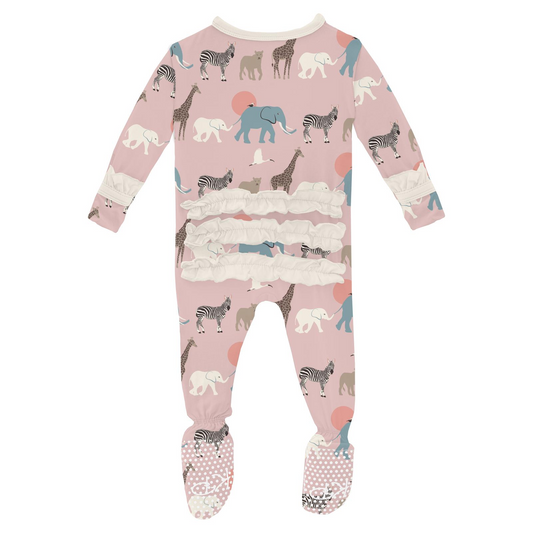 Print Ruffle Footie with Snaps, Baby Rose Just So Animals