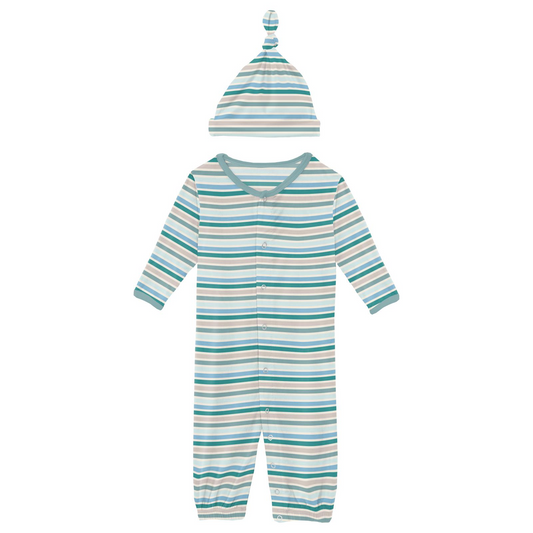 Print Layette Gown Converter & Single Knot Hat Set, Lakeside Stripe