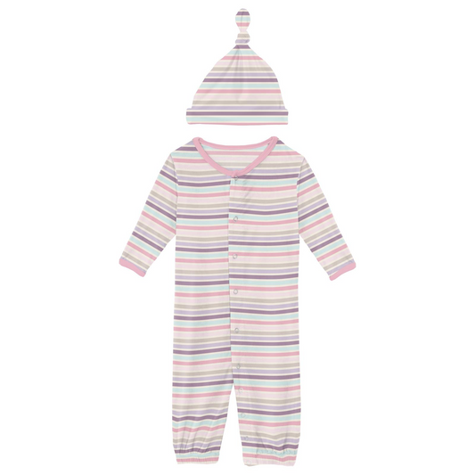 Print Layette Gown Converter & Single Knot Hat Set, Ice Cream Stripe