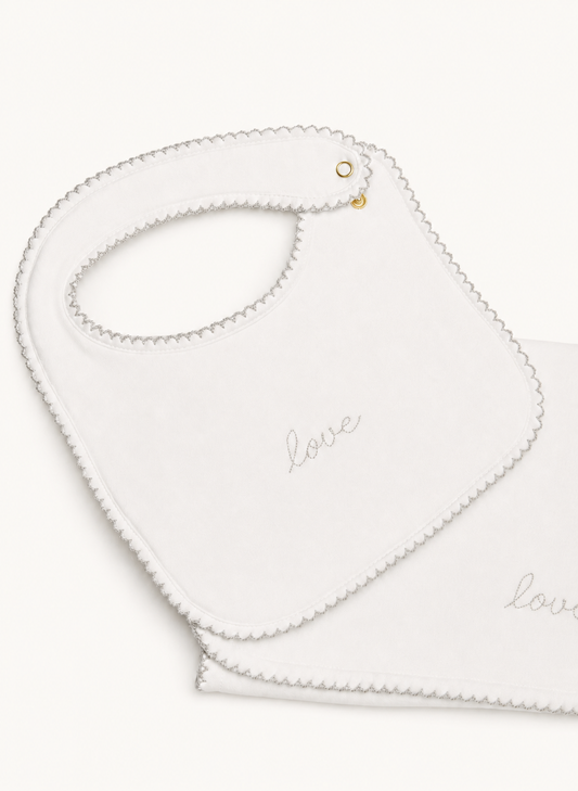 Baby Bib & Burp Cloth Set - Embroidered "Love"