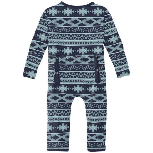 Print Coverall with 2 Way Zipper in Peacoat Mayan Print