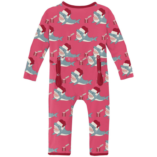Print Coverall with Snaps in Winter Rose Holiday Sharks