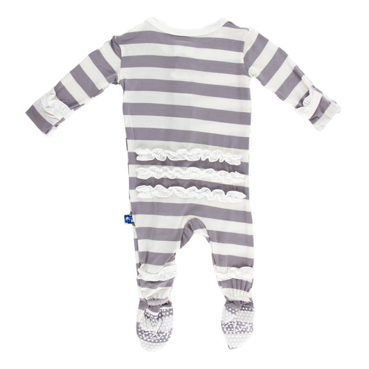 Print Layette Ruffle Footie with Snaps in Feather Contrast Stripe