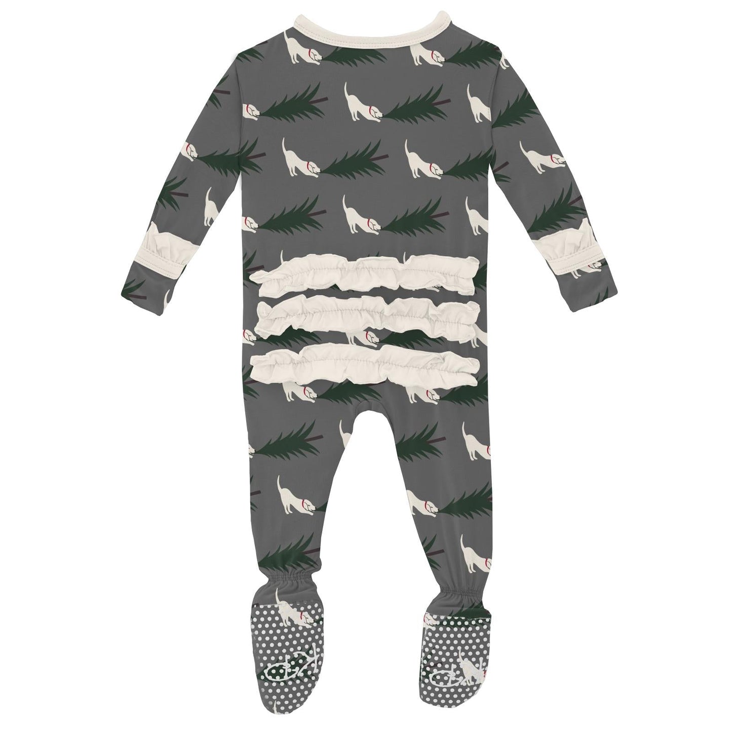 Print Layette Ruffle Footie with Zipper in Pewter Christmas Tree Drag
