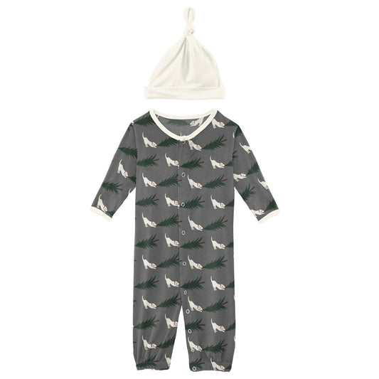 Print Layette Gown Converter & Single Knot Hat Set in Pewter Christmas Tree Drag