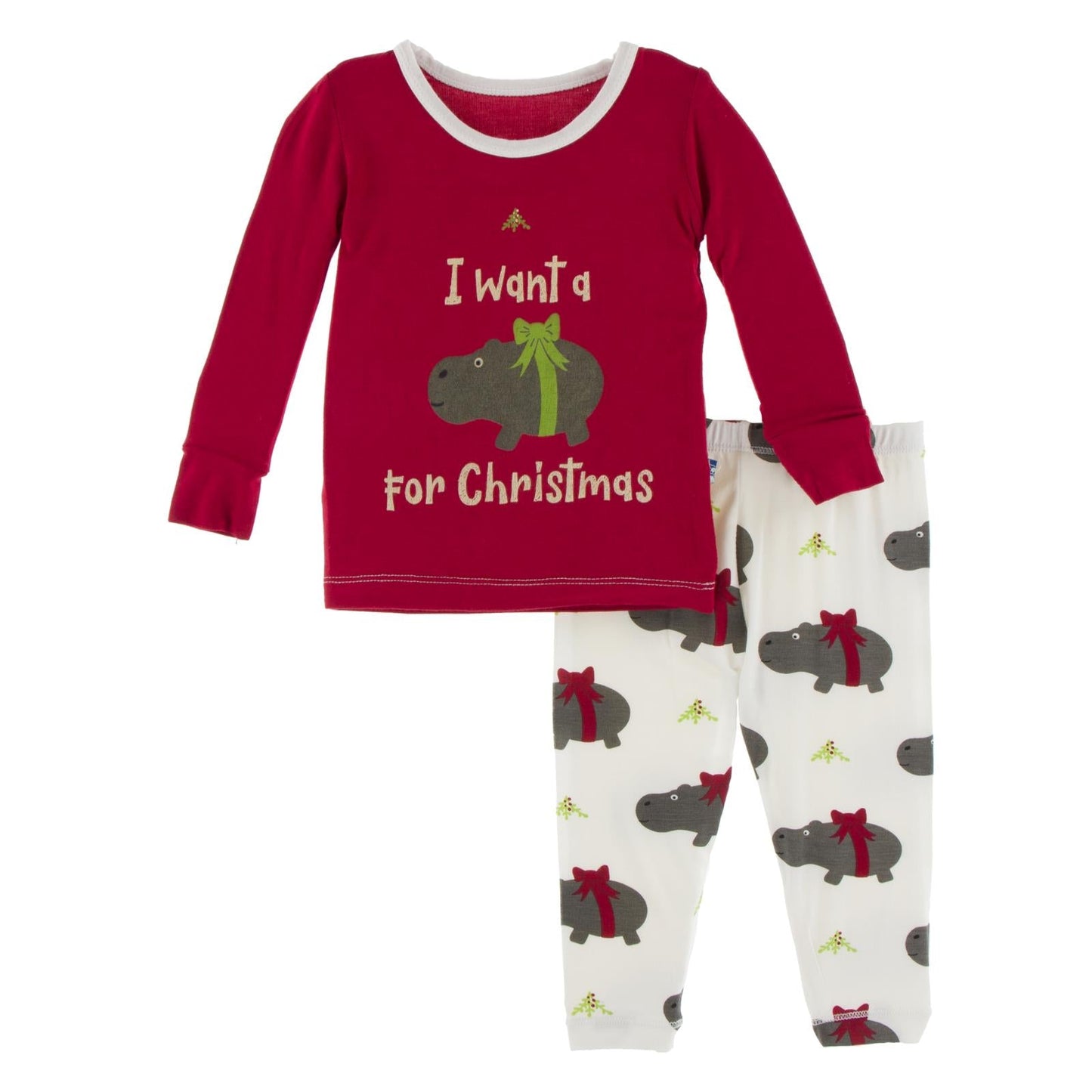 Graphic Long Sleeve Pajama Set in Natural Christmas Hippo