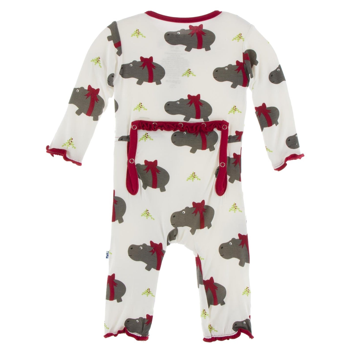 Print Muffin Ruffle Coverall with Snaps in Natural Christmas Hippo