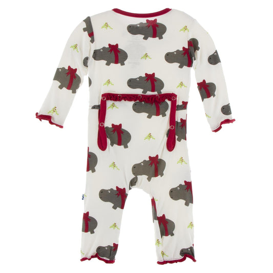Print Muffin Ruffle Coverall with Snaps in Natural Christmas Hippo