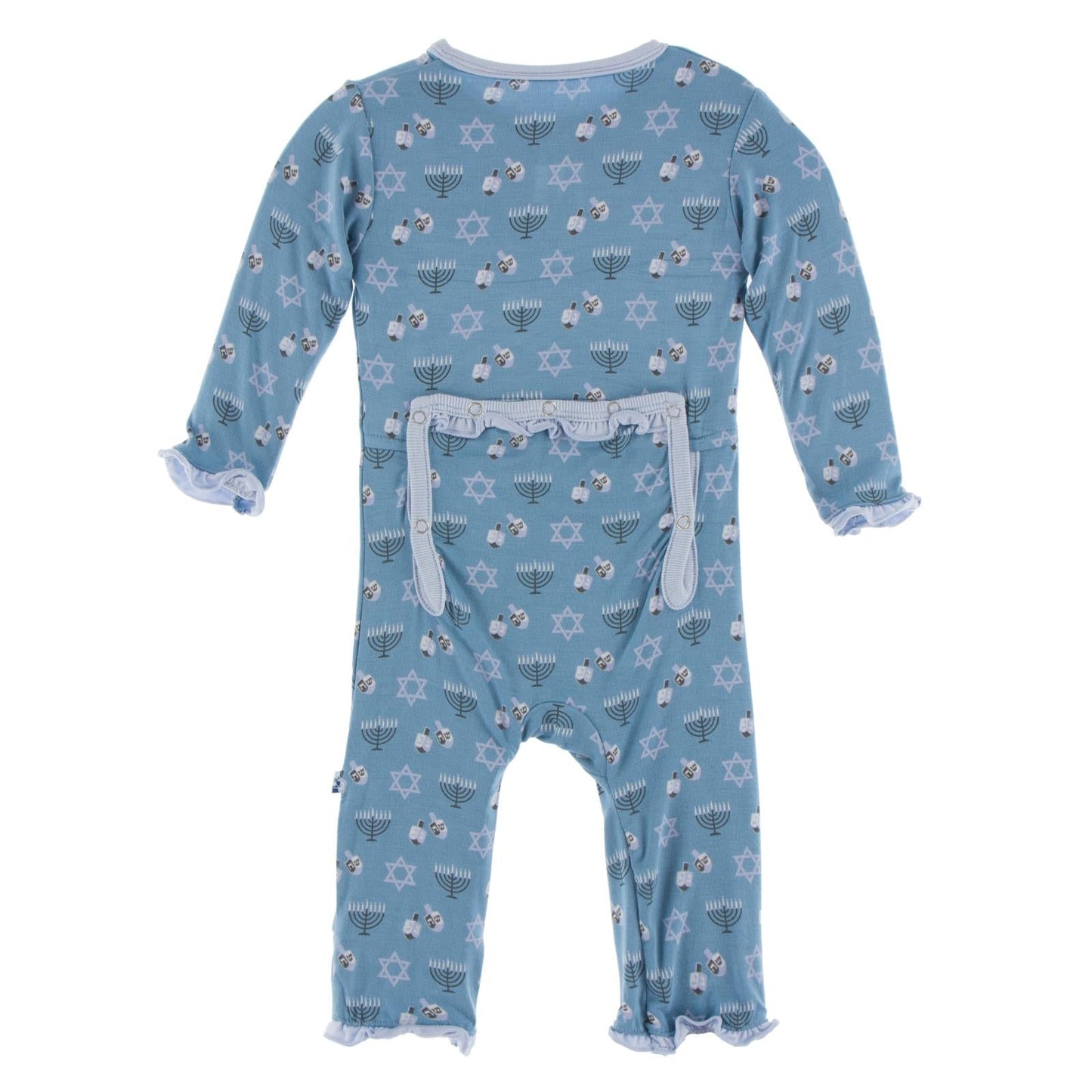 Print Layette Ruffle Coverall with Snaps in Blue Moon Hanukkah