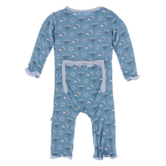 Print Layette Ruffle Coverall with Snaps in Blue Moon Hanukkah