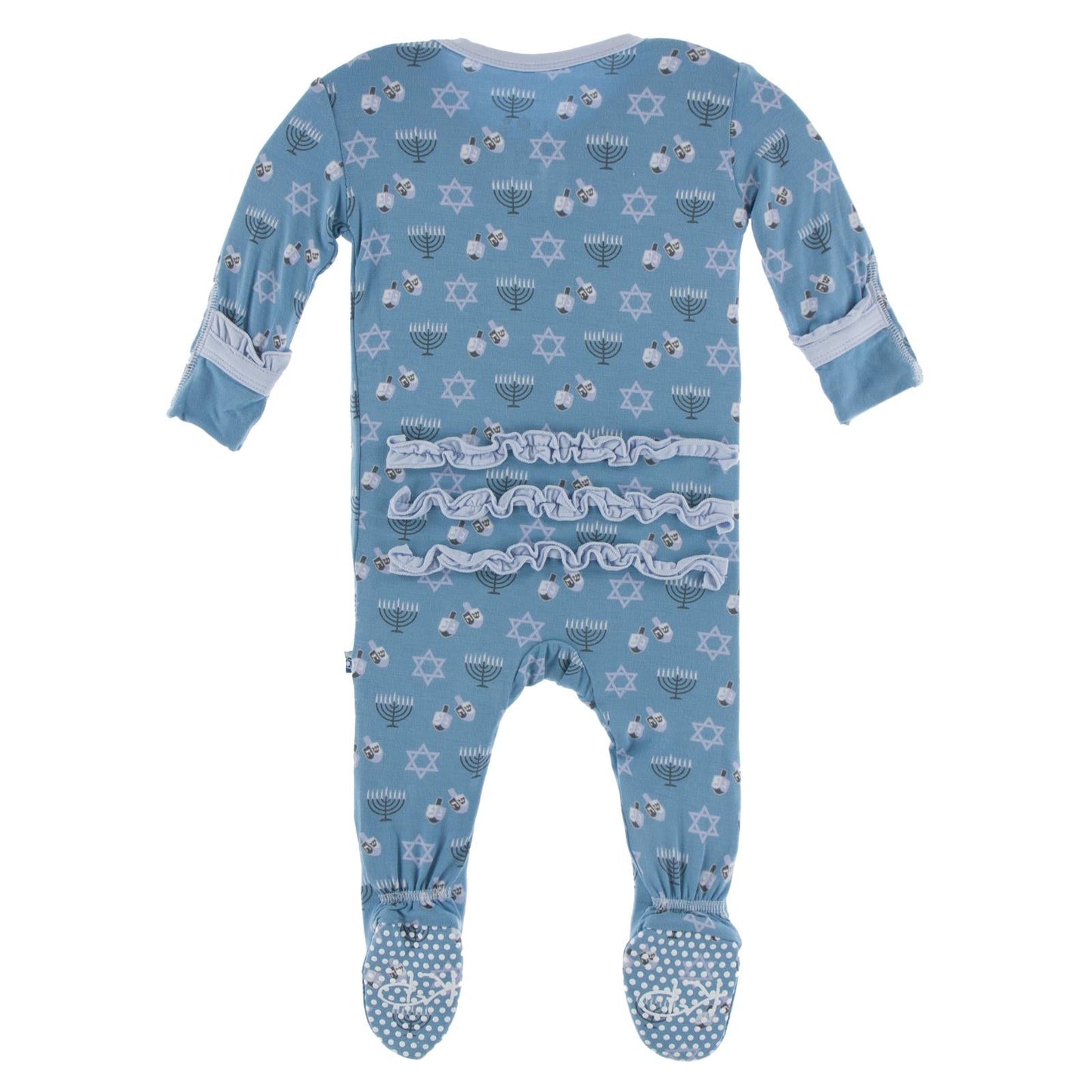 Print Layette Ruffle Footie with Snaps in Blue Moon Hanukkah