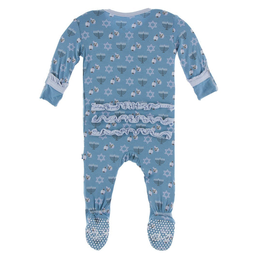 Print Layette Ruffle Footie with Snaps in Blue Moon Hanukkah