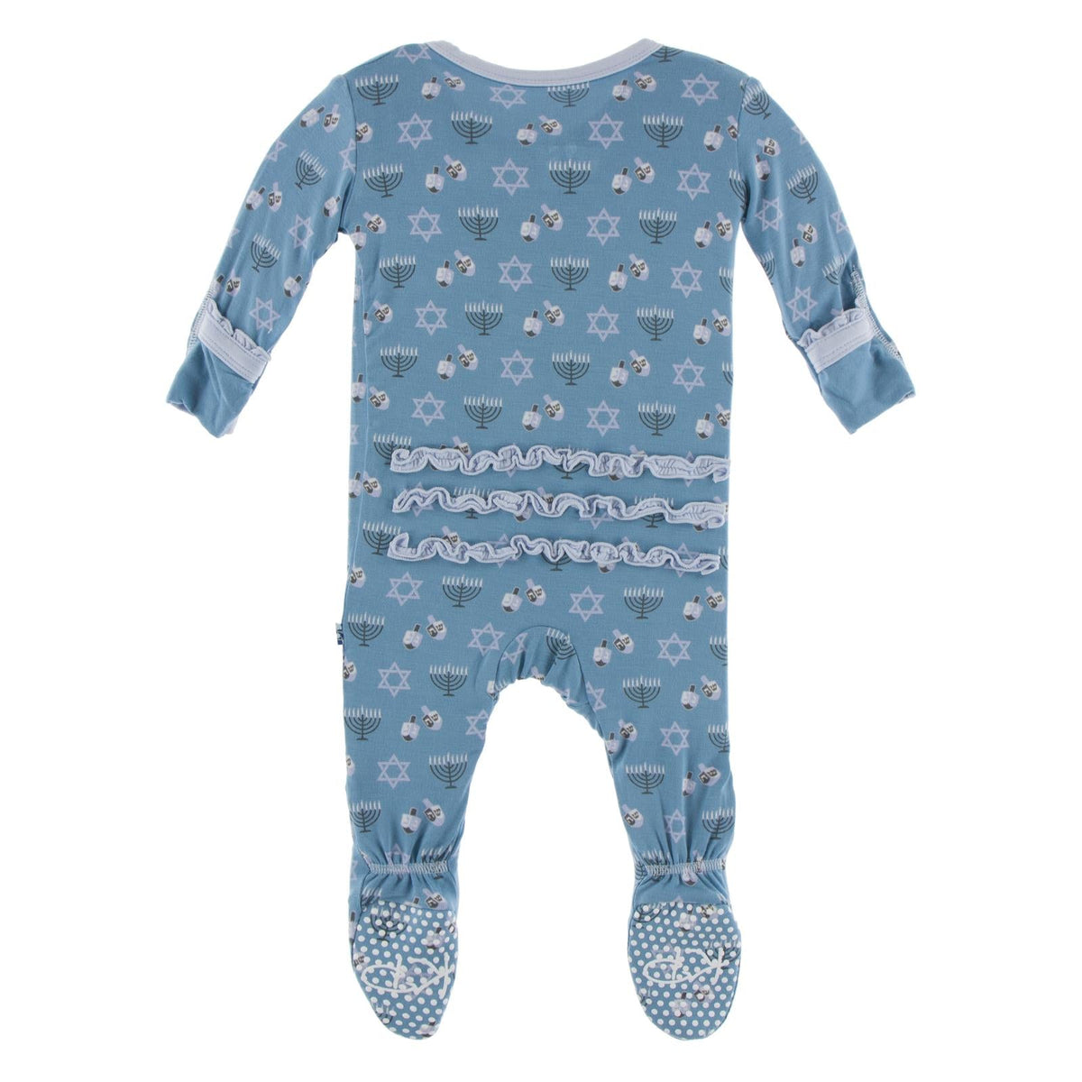 Print Muffin Ruffle Footie with Zipper in Blue Moon Hanukkah
