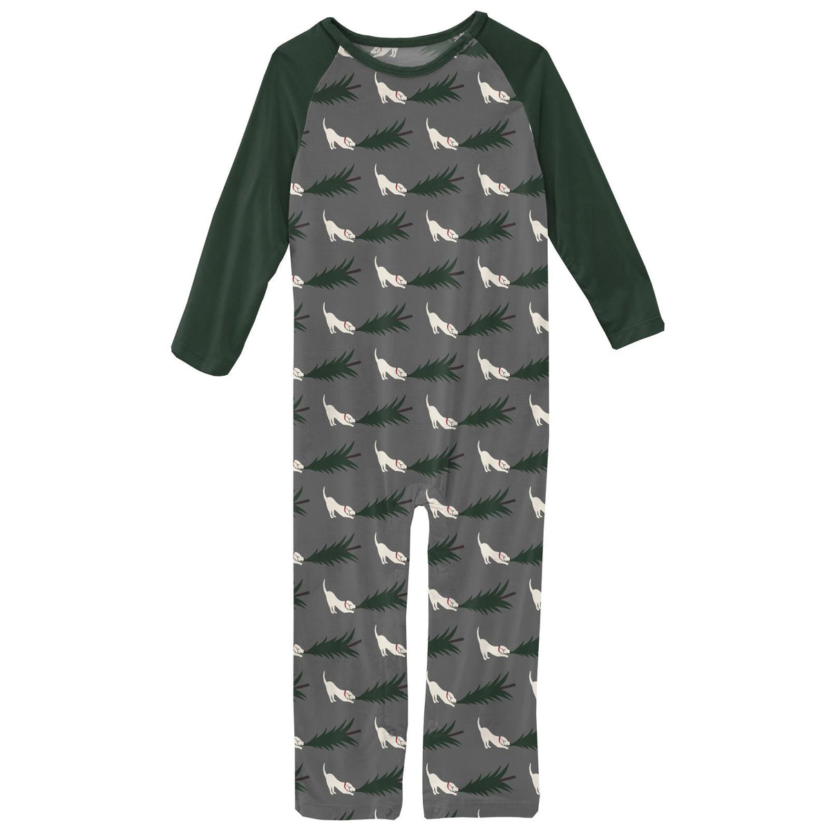 Print Long Sleeve Raglan Romper in Pewter Christmas Tree Drag