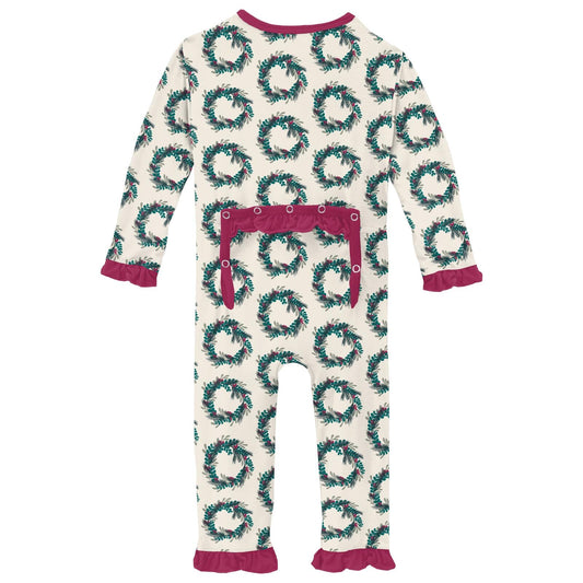 Print Layette Ruffle Coverall with 2 Way Zipper in Natural Holiday Wreath