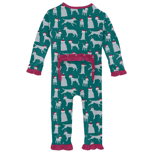 Print Layette Ruffle Coverall with 2 Way Zipper in Cedar Santa Dogs