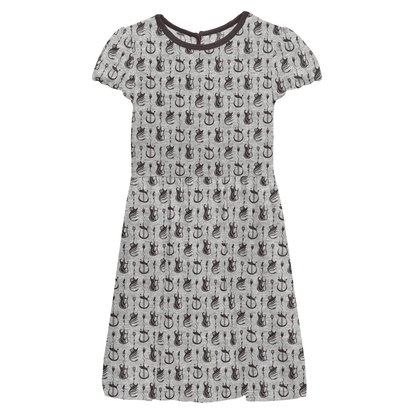 Print Flutter Sleeve Twirl Dress with Pockets in Heathered Gray Rock and Roll