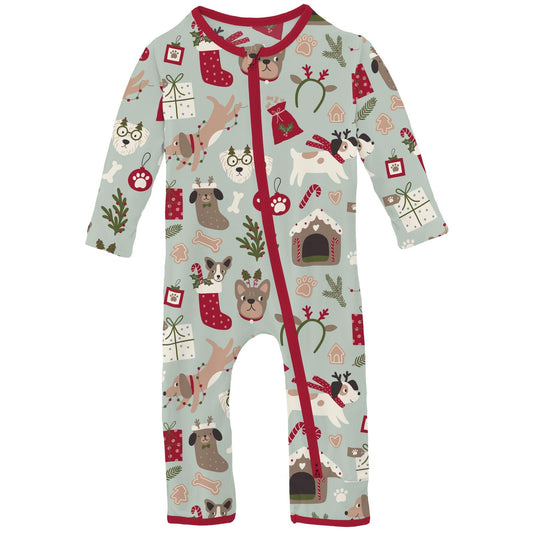 Print Coverall with 2 Way Zipper in Aloe Christmas Dogs