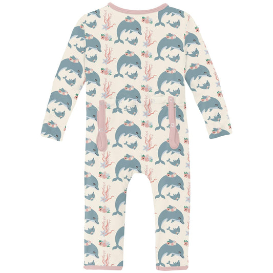 Print Coverall with 2 Way Zipper in Natural Dolphins