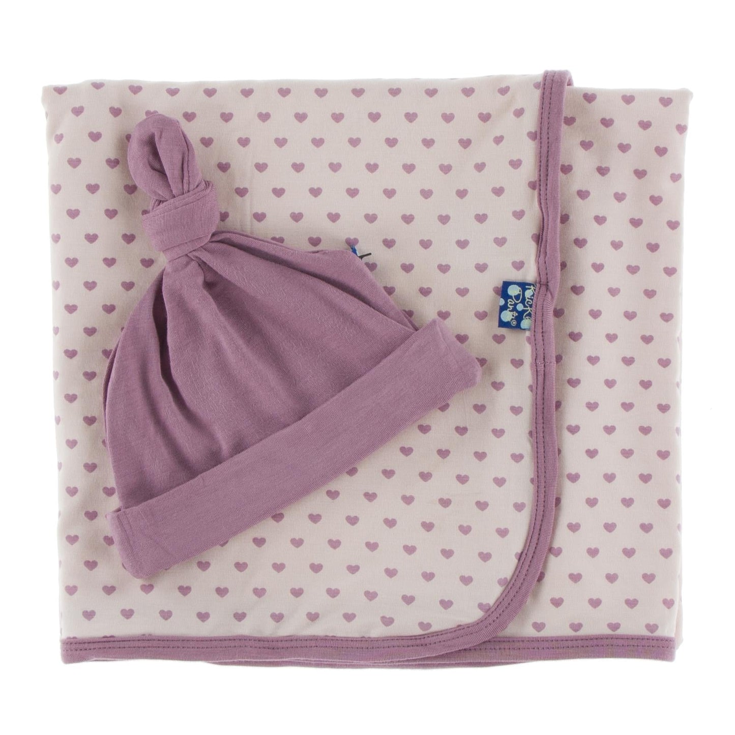 Swaddling Blanket and Knot Hat Set in Tiny Hearts