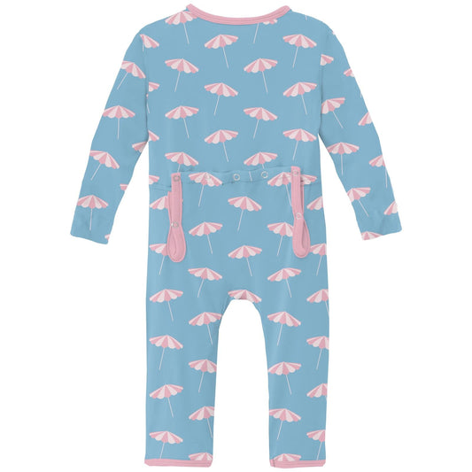 Print Coverall with 2 Way Zipper in Seaside Blue Beach Umbrellas