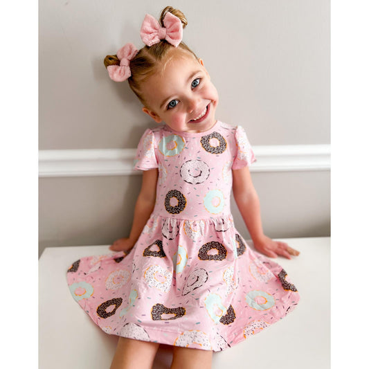 Print Flutter Sleeve Twirl Dress with Pockets in Cake Pop Donuts and Sprinkles
