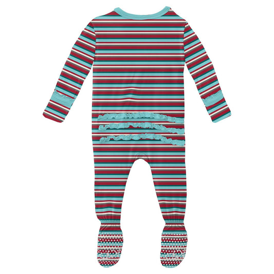 Print Muffin Ruffle Footie with Zipper in Christmas Stripe