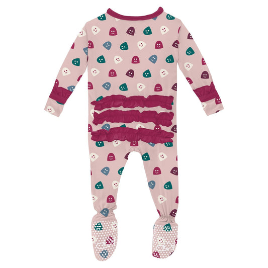 Print Layette Ruffle Footie with Snaps in Baby Rose Happy Gumdrops