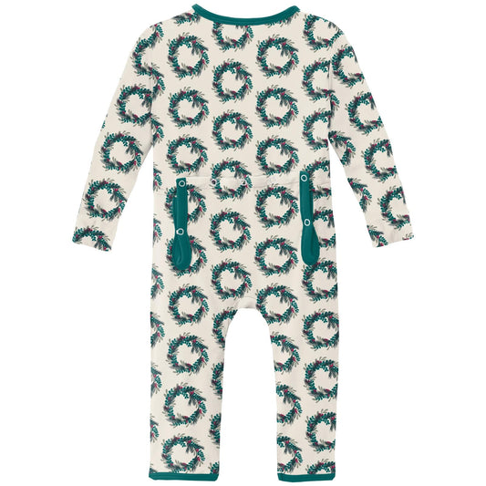 Print Coverall with 2 Way Zipper in Natural Holiday Wreath