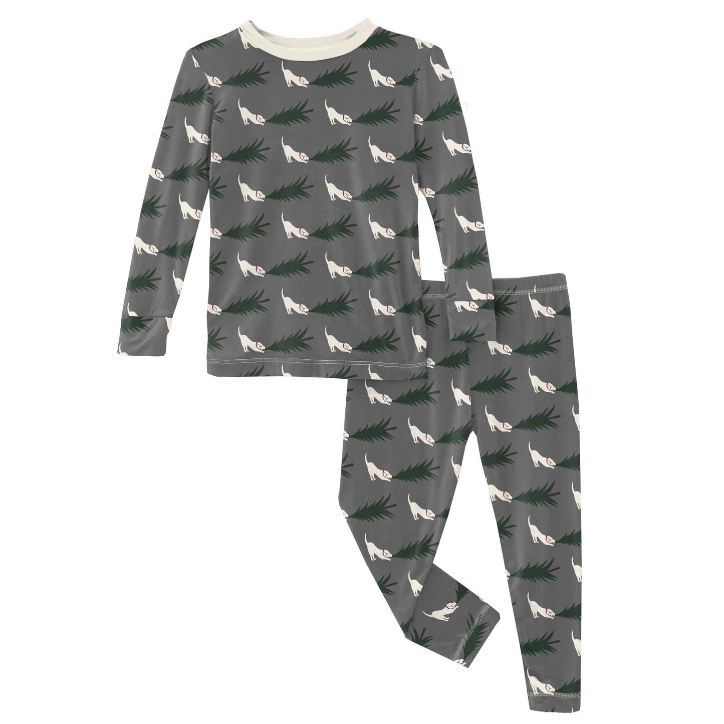 Print Long Sleeve Pajama Set in Pewter Christmas Tree Drag
