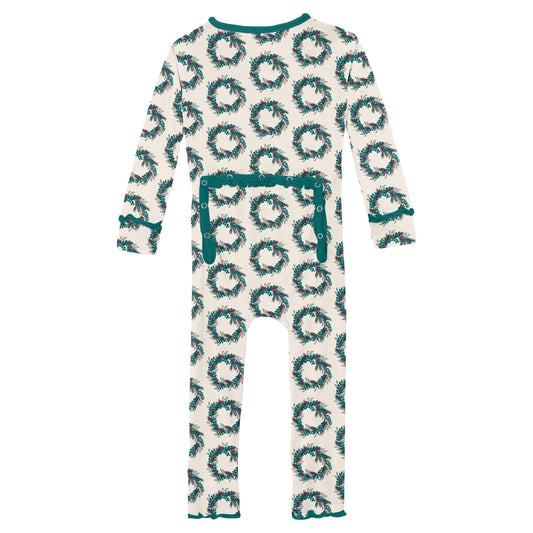 Print Muffin Ruffle Coverall with 2 Way Zipper in Natural Holiday Wreath
