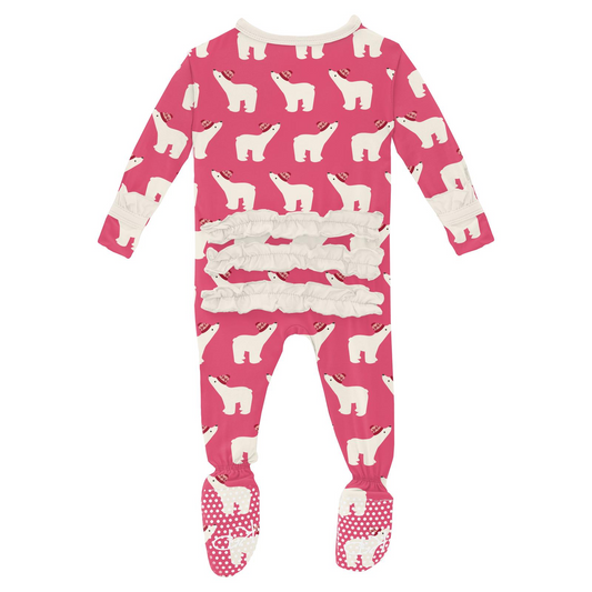 Print Ruffle Footie with 2 Way Zipper, Winter Rose Polar Bears
