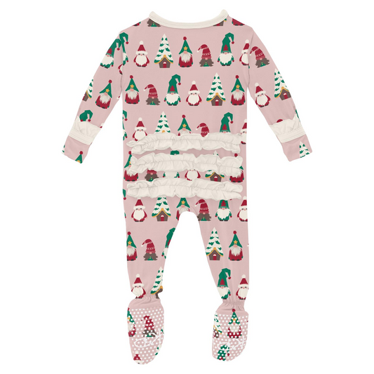Print Ruffle Footie with 2 Way Zipper, Baby Rose Gnomes