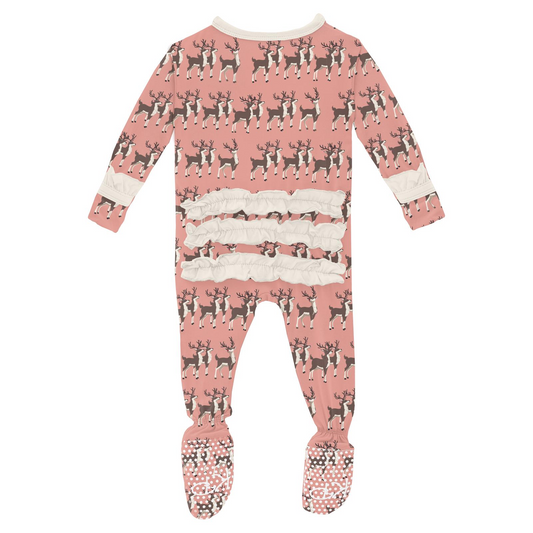 Print Ruffle Footie with 2 Way Zipper, Blush Rudolph