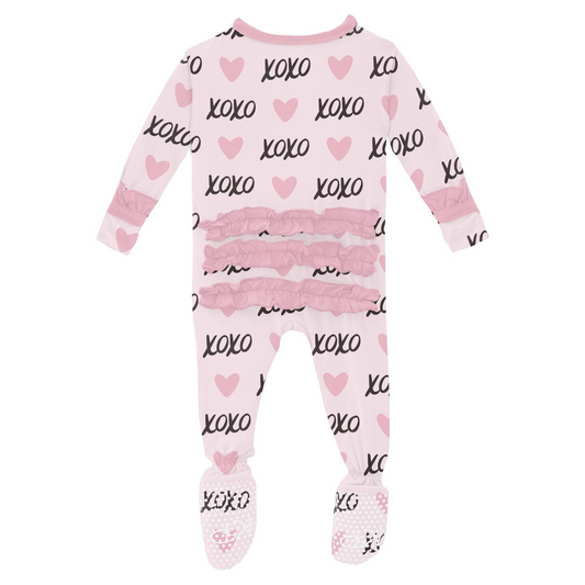 Print Ruffle Footie with 2 Way Zipper, Shrinking Violet XOXO