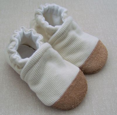 Organic Cotton and Leather Slipper Booties, Ribbed Cream